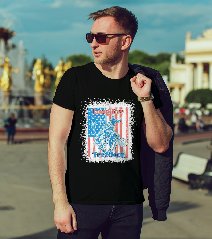 Long Live Freedom America Flag Cowboy And Horse T-Shirt