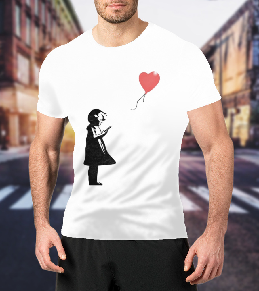 Girl With Phone Heart Balloon Black Dark Shadow T-Shirt