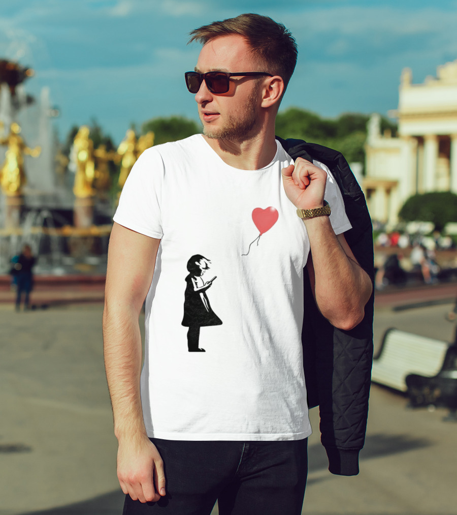 Girl With Phone Heart Balloon Black Dark Shadow T-Shirt