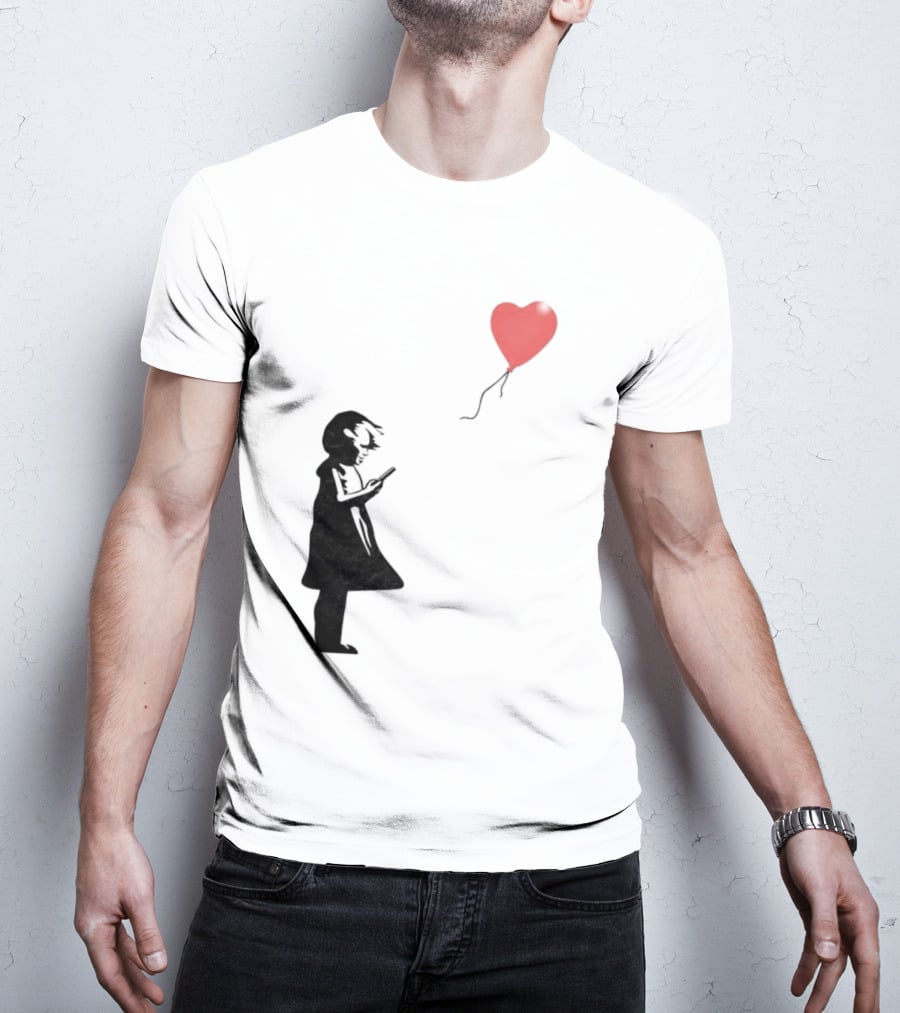 Girl With Phone Heart Balloon Black Dark Shadow T-Shirt