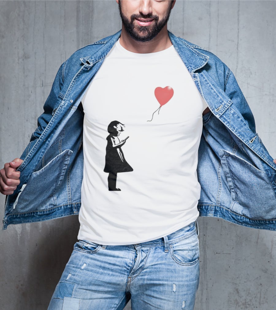 Girl With Phone Heart Balloon Black Dark Shadow T-Shirt
