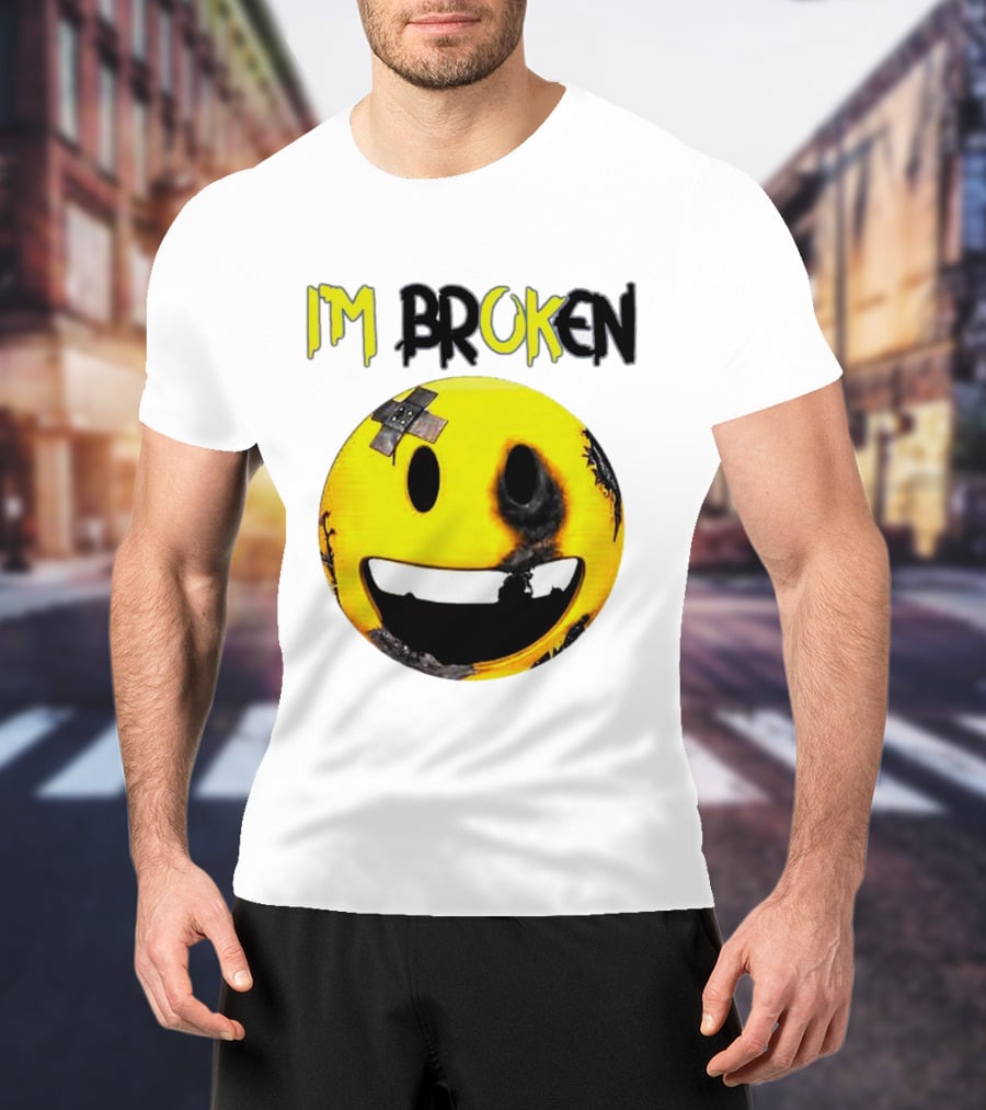 I'M BROKEN Smiley Burned And Patched Emo Smiley Face T-Shirt