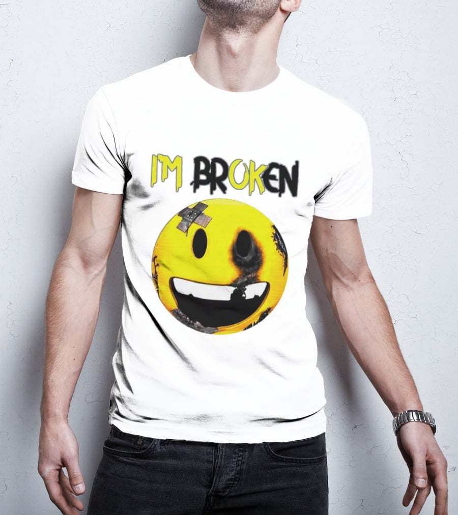 I'M BROKEN Smiley Burned And Patched Emo Smiley Face T-Shirt