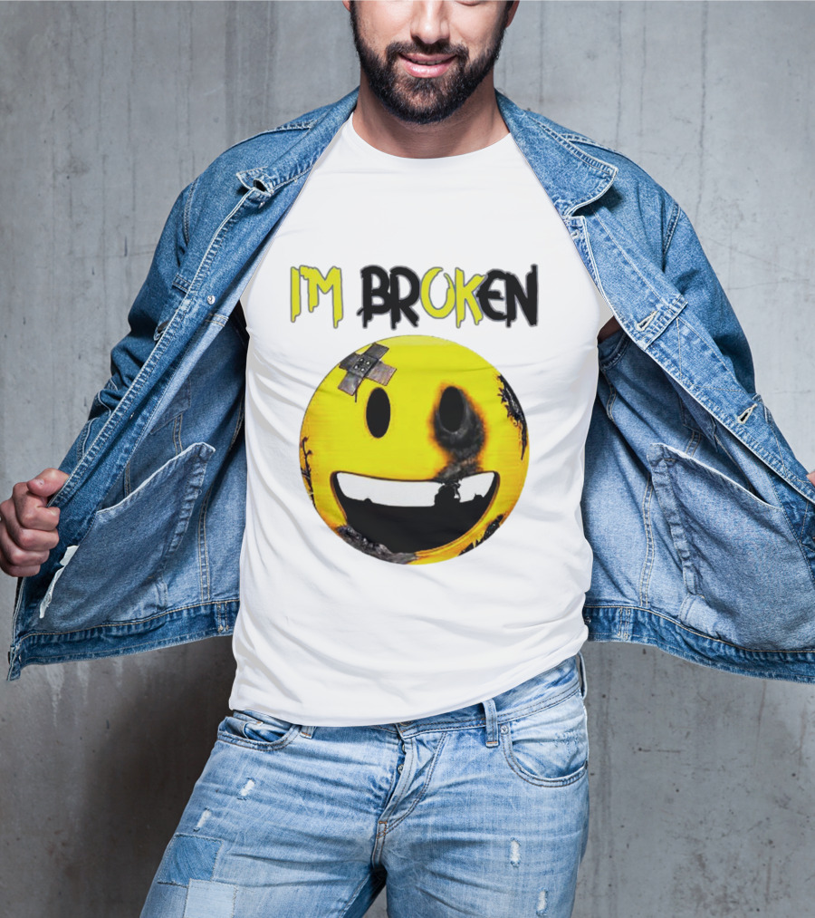 I'M BROKEN Smiley Burned And Patched Emo Smiley Face T-Shirt