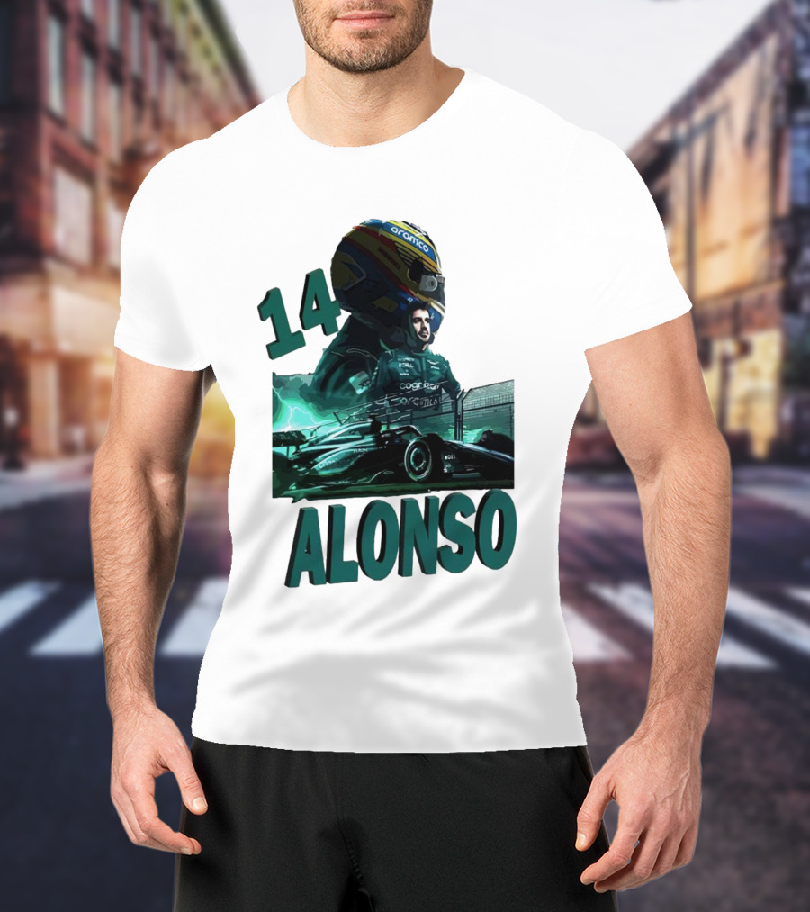 14 Alonso Aramco Racing Helmet And Car T-Shirt