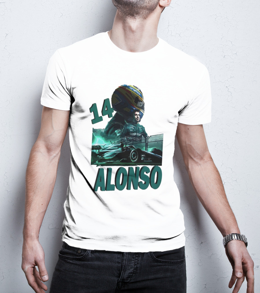 14 Alonso Aramco Racing Helmet And Car T-Shirt