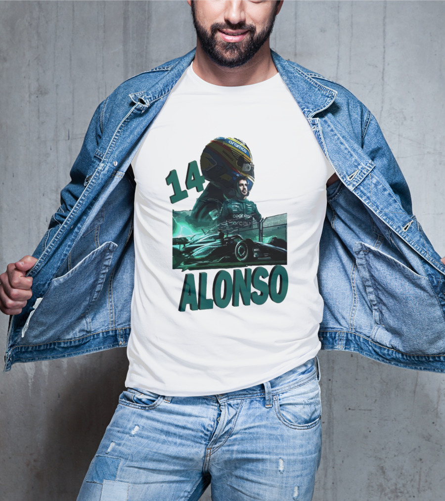 14 Alonso Aramco Racing Helmet And Car T-Shirt