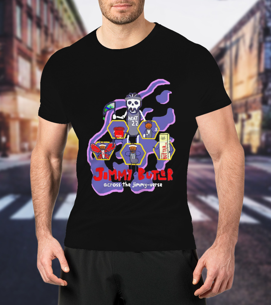Jimmy Butler Miami Heat 22 Skull Cartoon Across The Jimmy-Verse T-Shirt