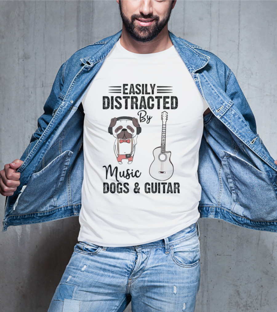 Easily Distracted By Music Dogs And Guitar T-Shirt