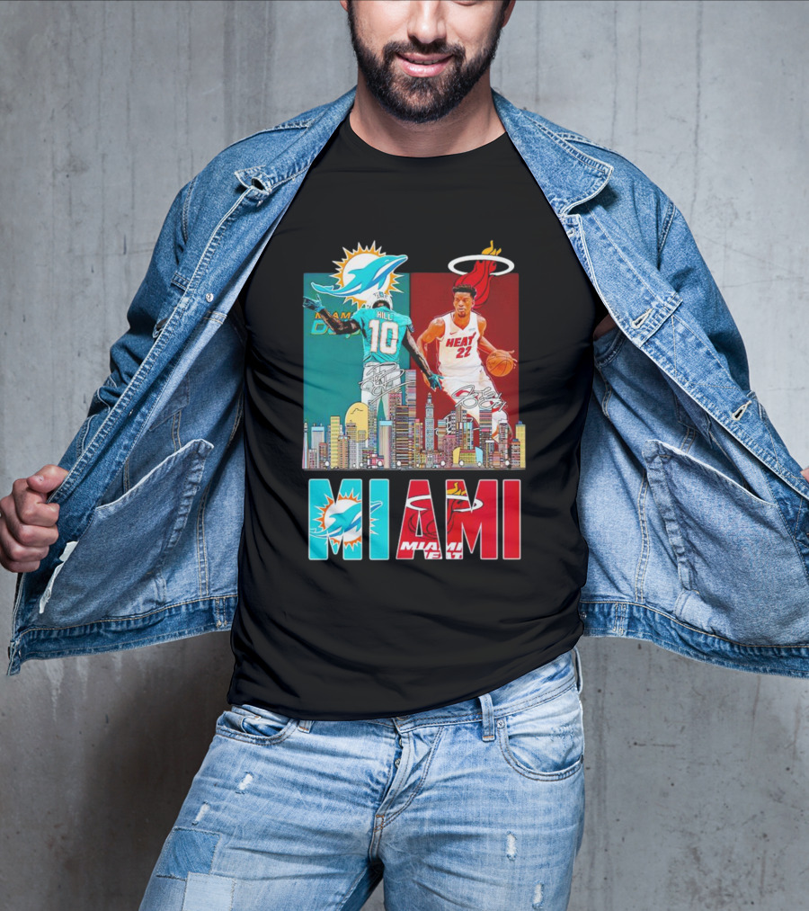 Miami Dolphins Tyreek Hill Miami Heat Jimmy Butler Signatures Skyline Featuring Dolphins And Heat T-Shirt