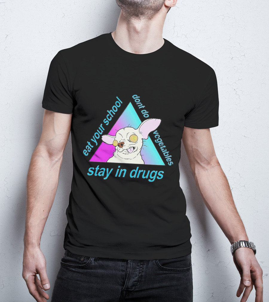 Stay In Drugs Eat Your School Don’t Do Vegetables Trippy Dog Triangle T-Shirt