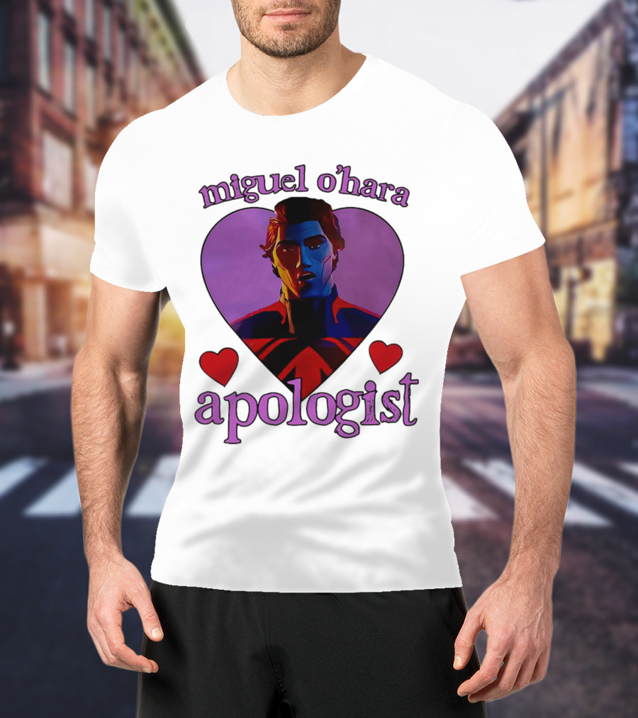 Miguel O’Hara Apologist Love Heart With Heroic Figure In Purple And Red Hearts T-Shirt