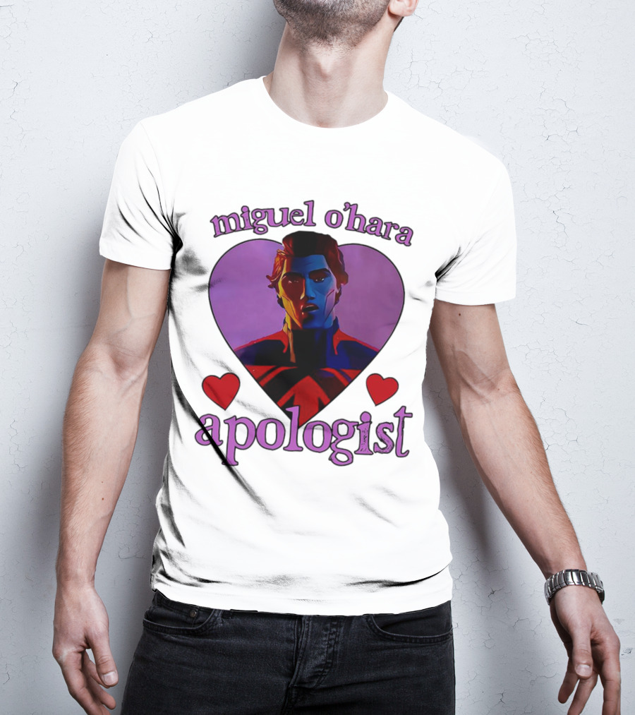 Miguel O’Hara Apologist Love Heart With Heroic Figure In Purple And Red Hearts T-Shirt