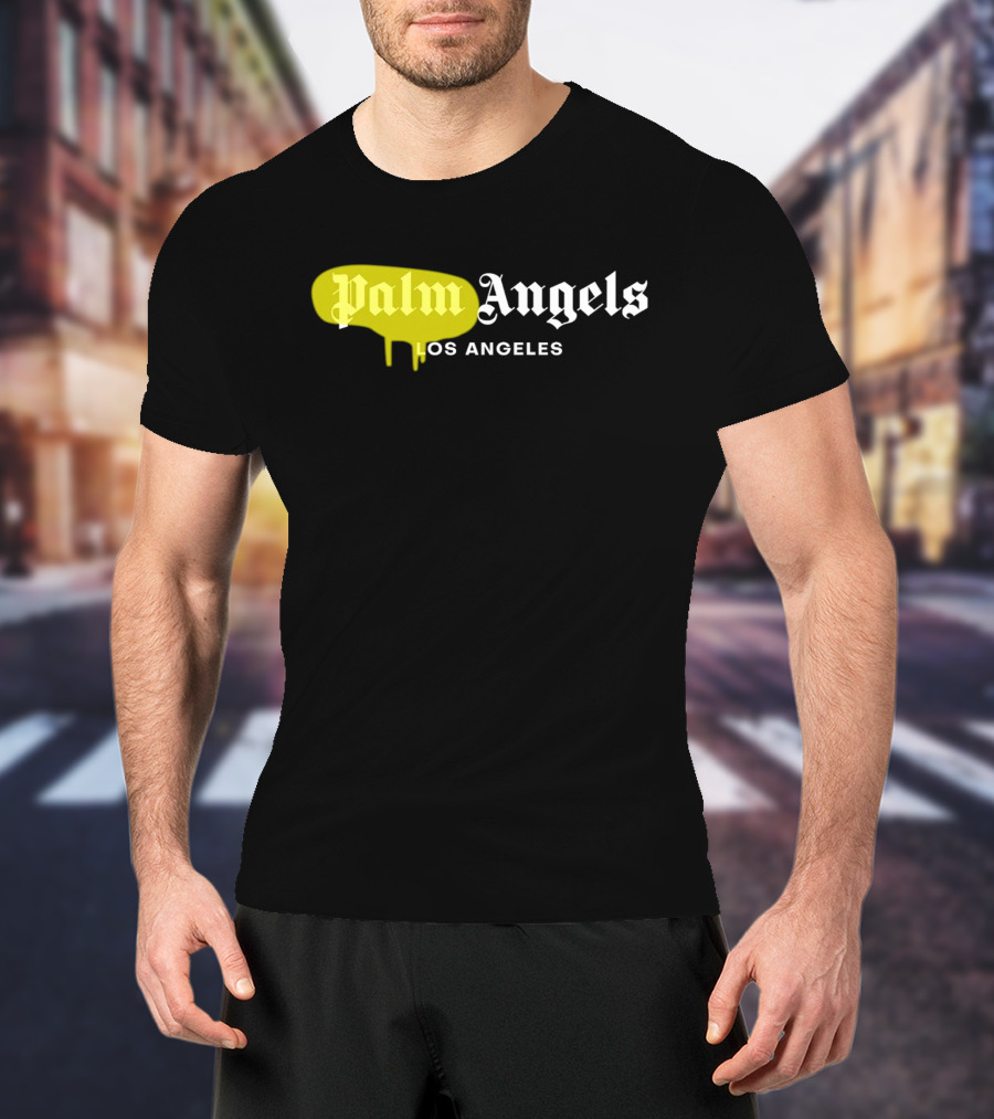 Palm Angels Los Angeles Yellow Paint Drip Text T-Shirt