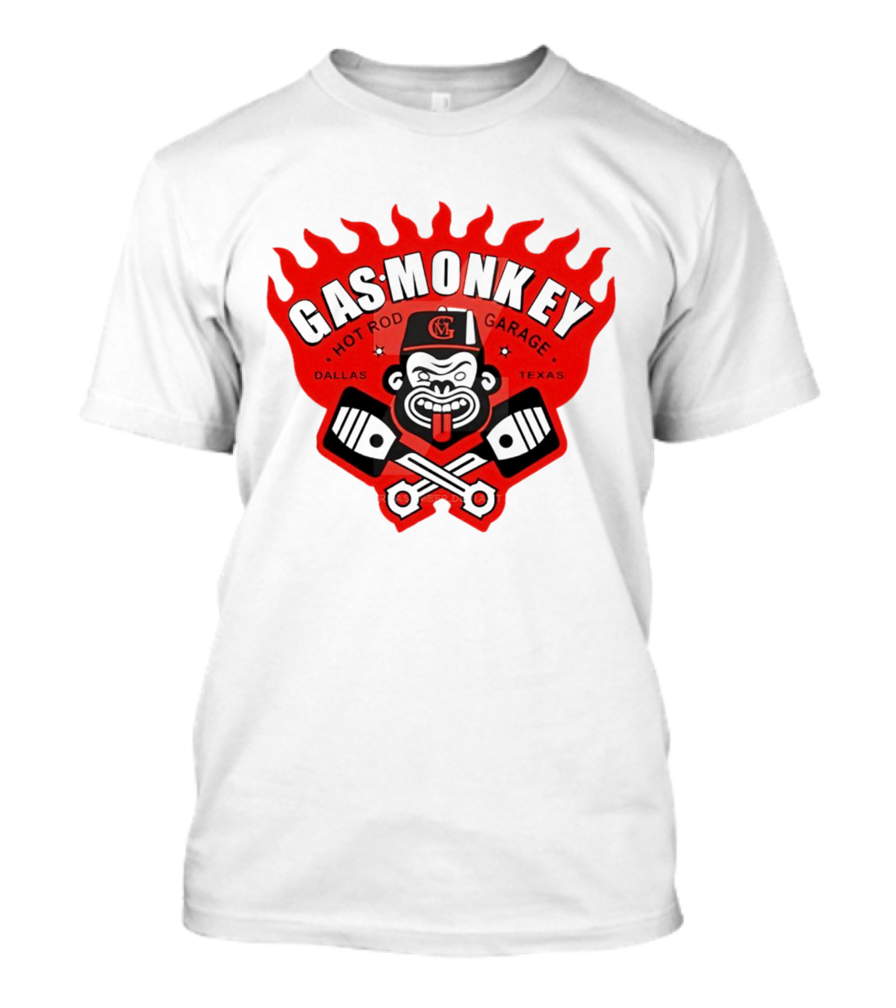 Gas Monkey Hot Rod Garage Dallas Texas Flame Logo Monkey With Pistons T-Shirt