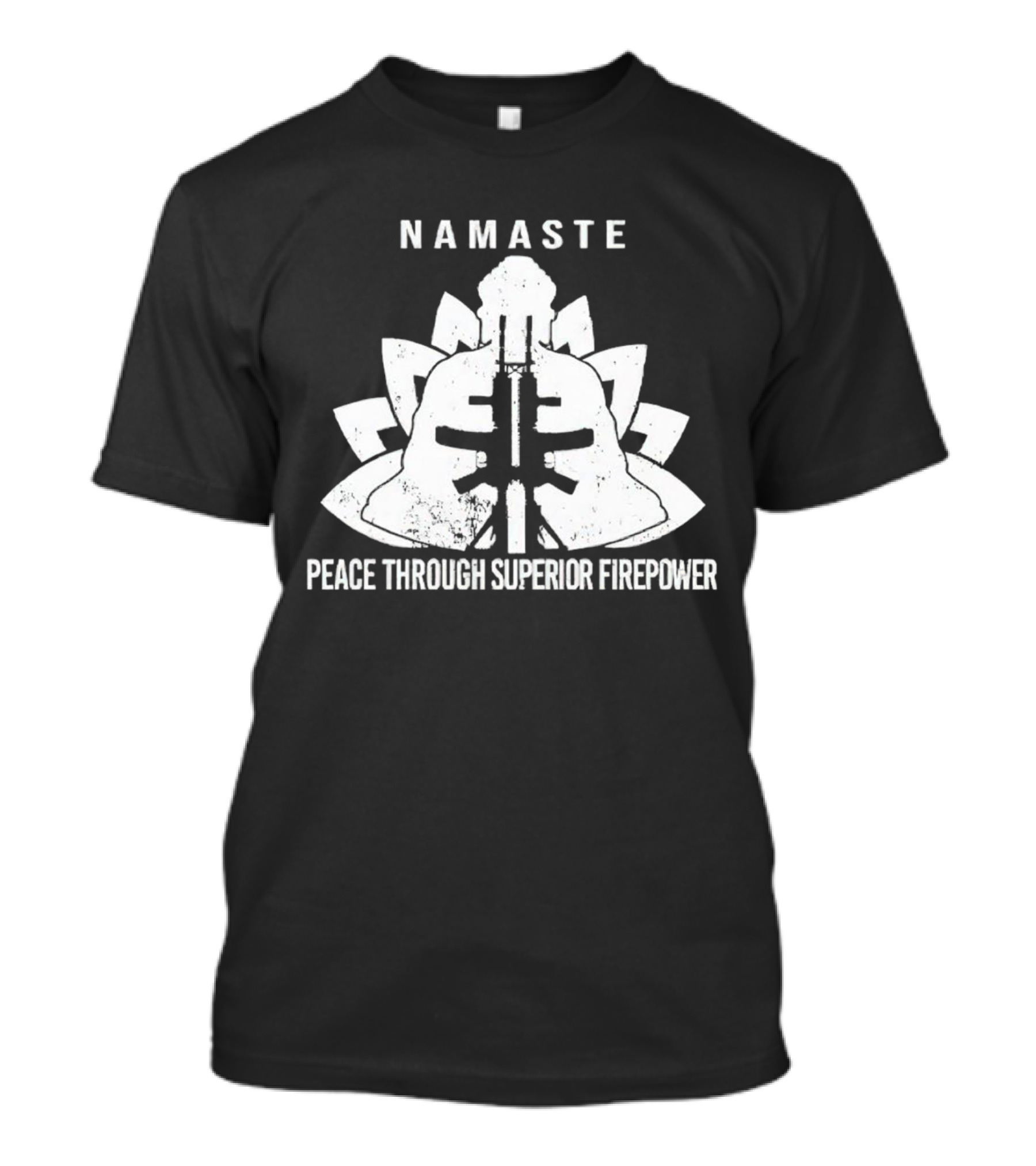 Namaste Peace Through Superior Firepower Lotus Helmet Gunpowder Mandala T-Shirt
