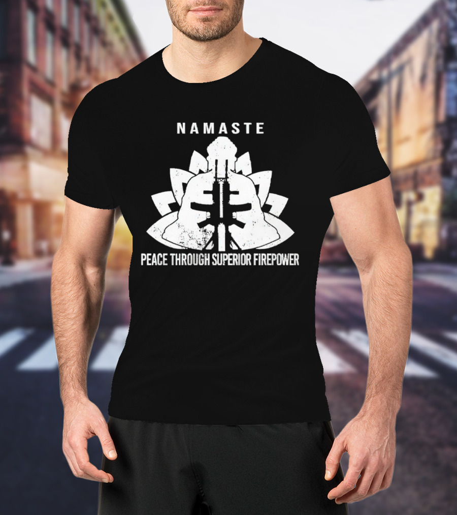 Namaste Peace Through Superior Firepower Lotus Helmet Gunpowder Mandala T-Shirt