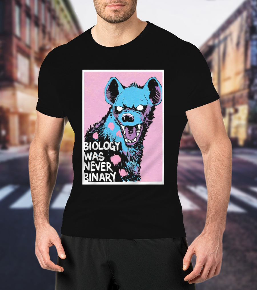 Biology Was Never Binary Blue Hyena Pink Background T-Shirt