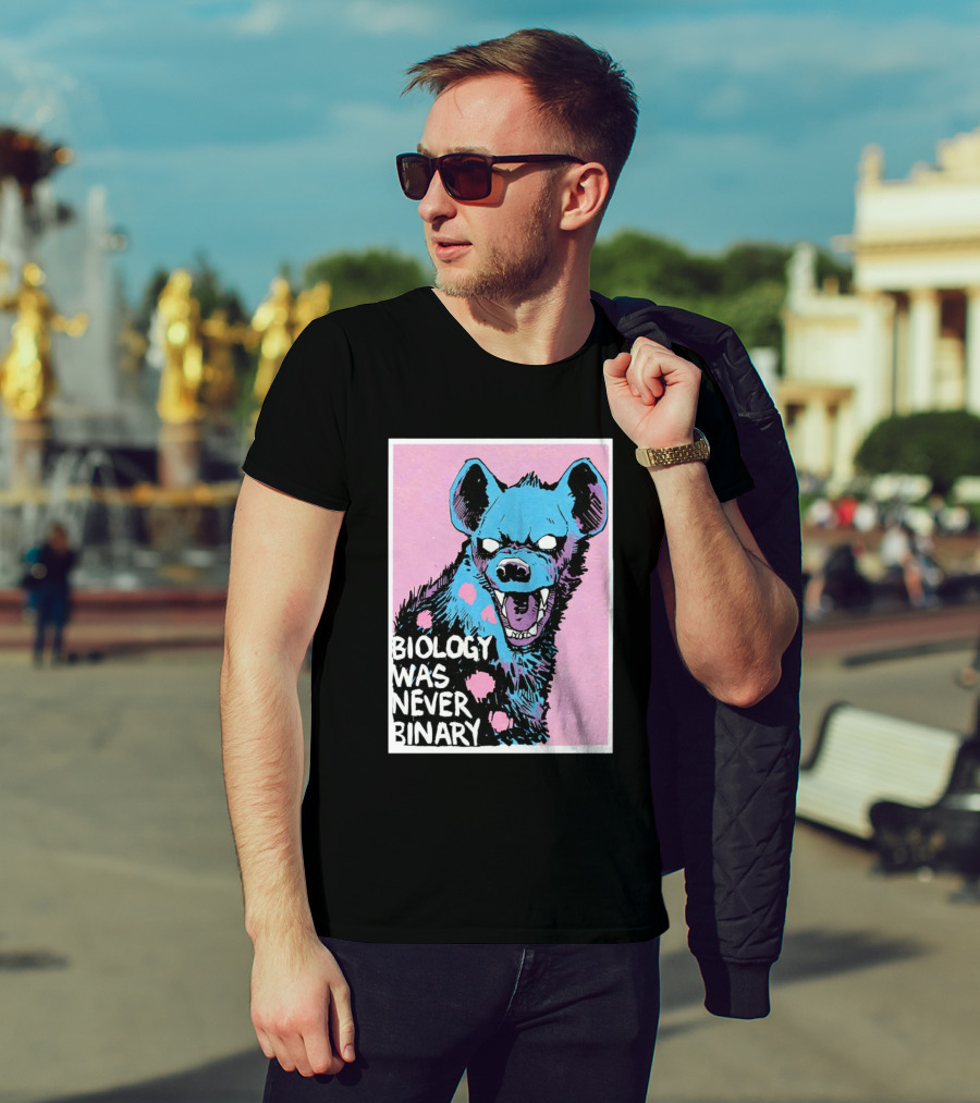 Biology Was Never Binary Blue Hyena Pink Background T-Shirt