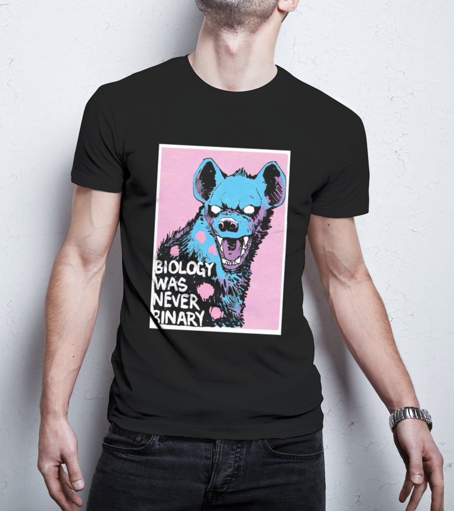 Biology Was Never Binary Blue Hyena Pink Background T-Shirt