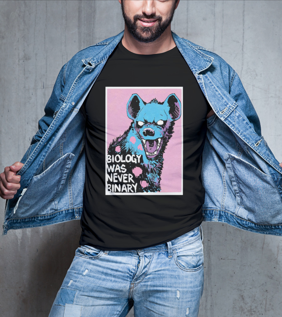 Biology Was Never Binary Blue Hyena Pink Background T-Shirt