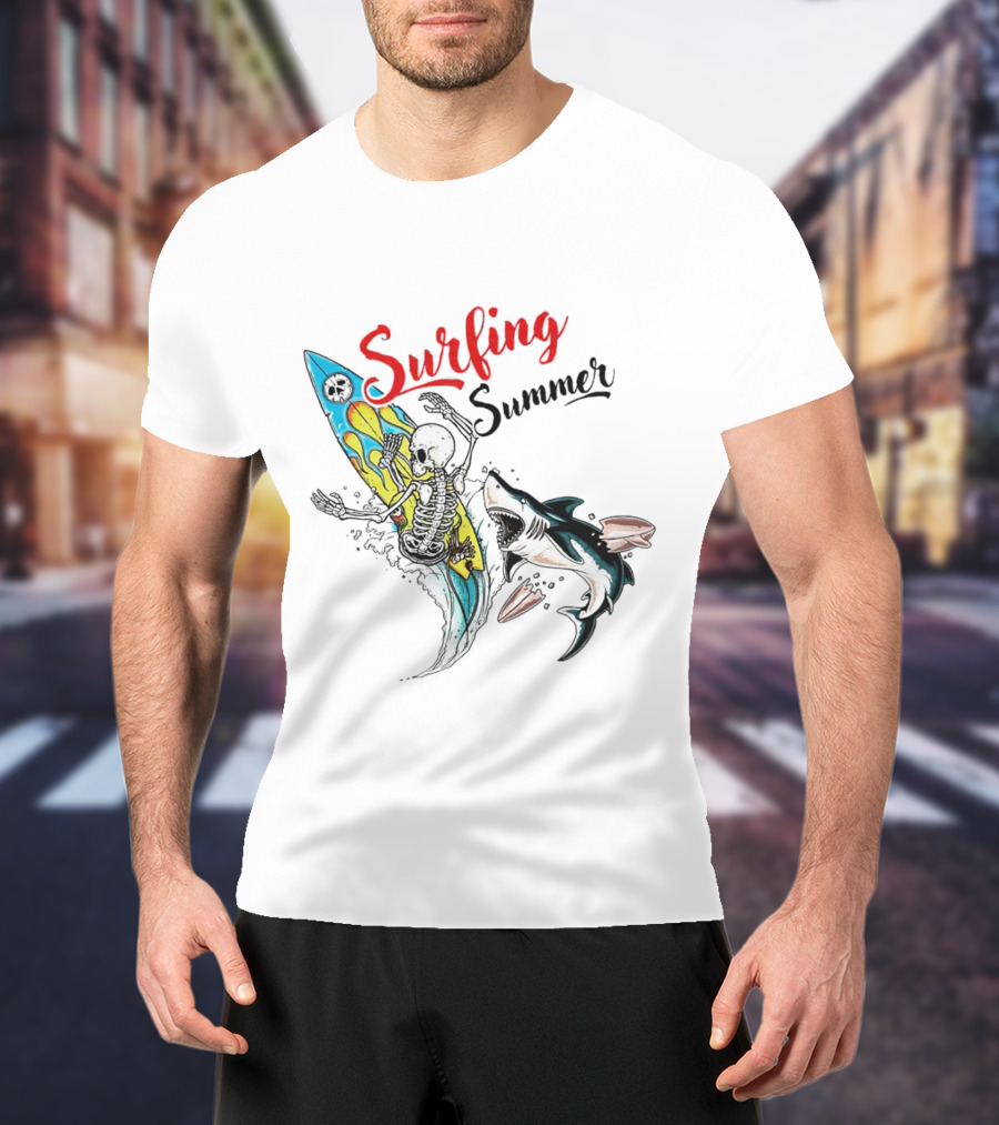 Surfing Summer Skeleton Battling Shark Adventure T-Shirt