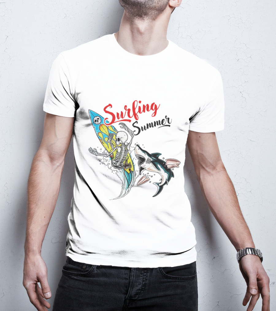 Surfing Summer Skeleton Battling Shark Adventure T-Shirt