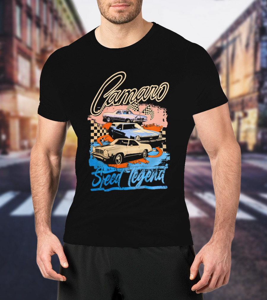 Camaro Speed Legend Vintage Racing Cars Checkered Flags T-Shirt