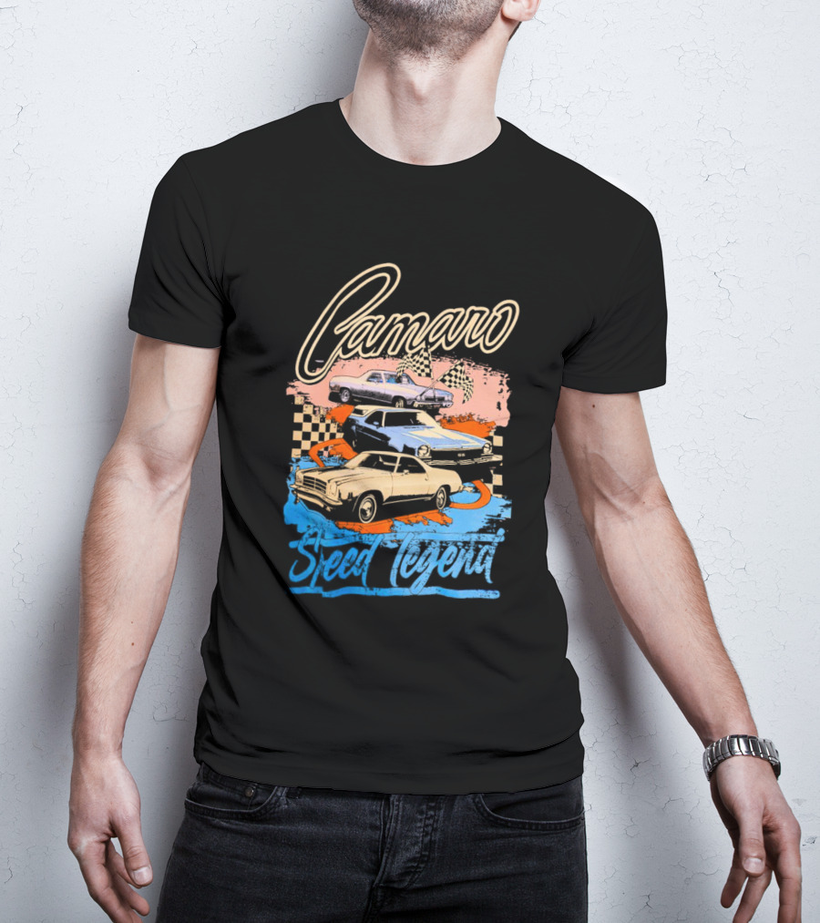 Camaro Speed Legend Vintage Racing Cars Checkered Flags T-Shirt