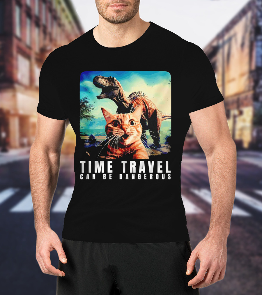 Time Travel Cat With Dinosaur Adventure Can Be Dangerous T-Shirt