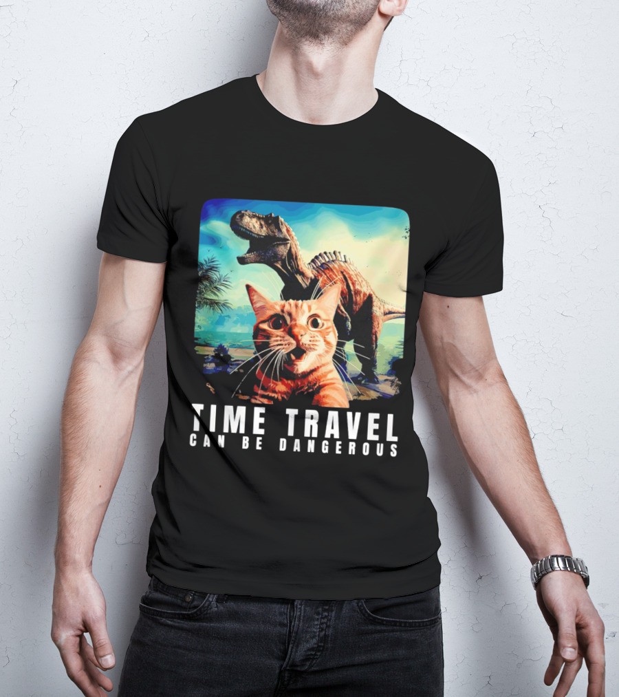 Time Travel Cat With Dinosaur Adventure Can Be Dangerous T-Shirt