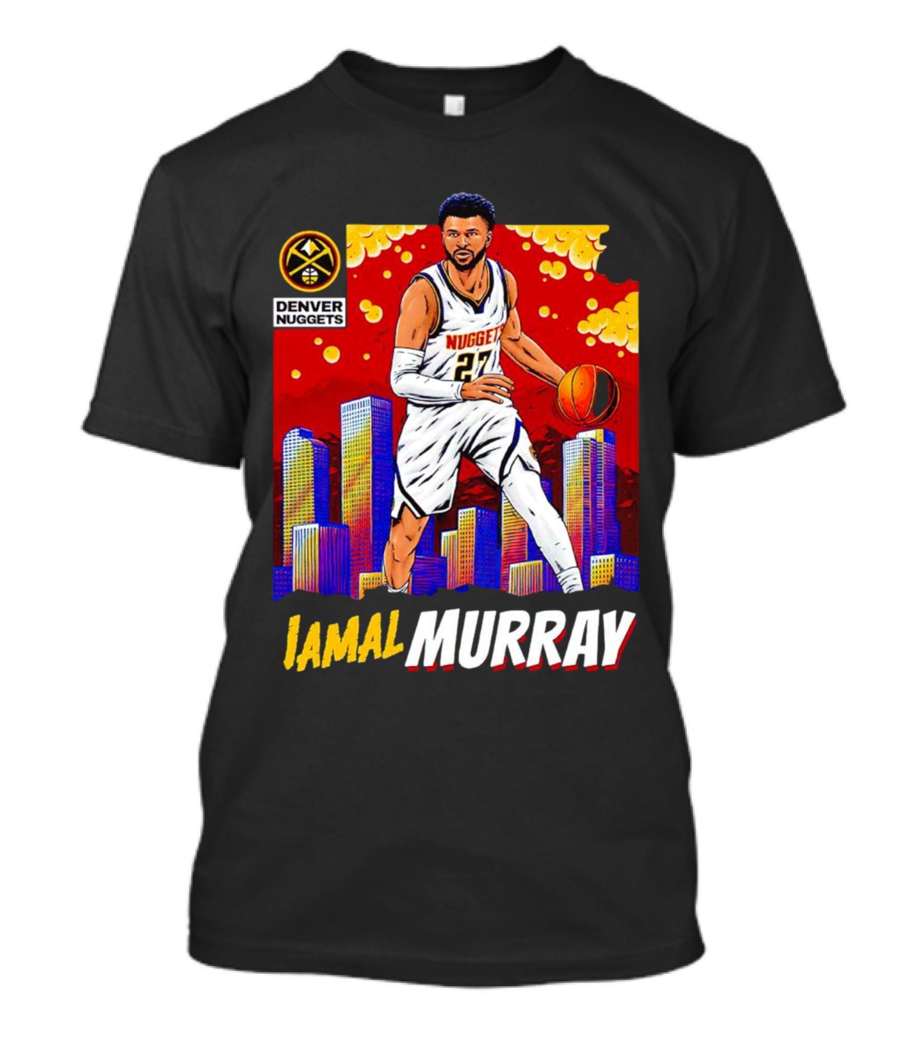 Denver Nuggets Jamal Murray Basketball Skyline Comic T-Shirt