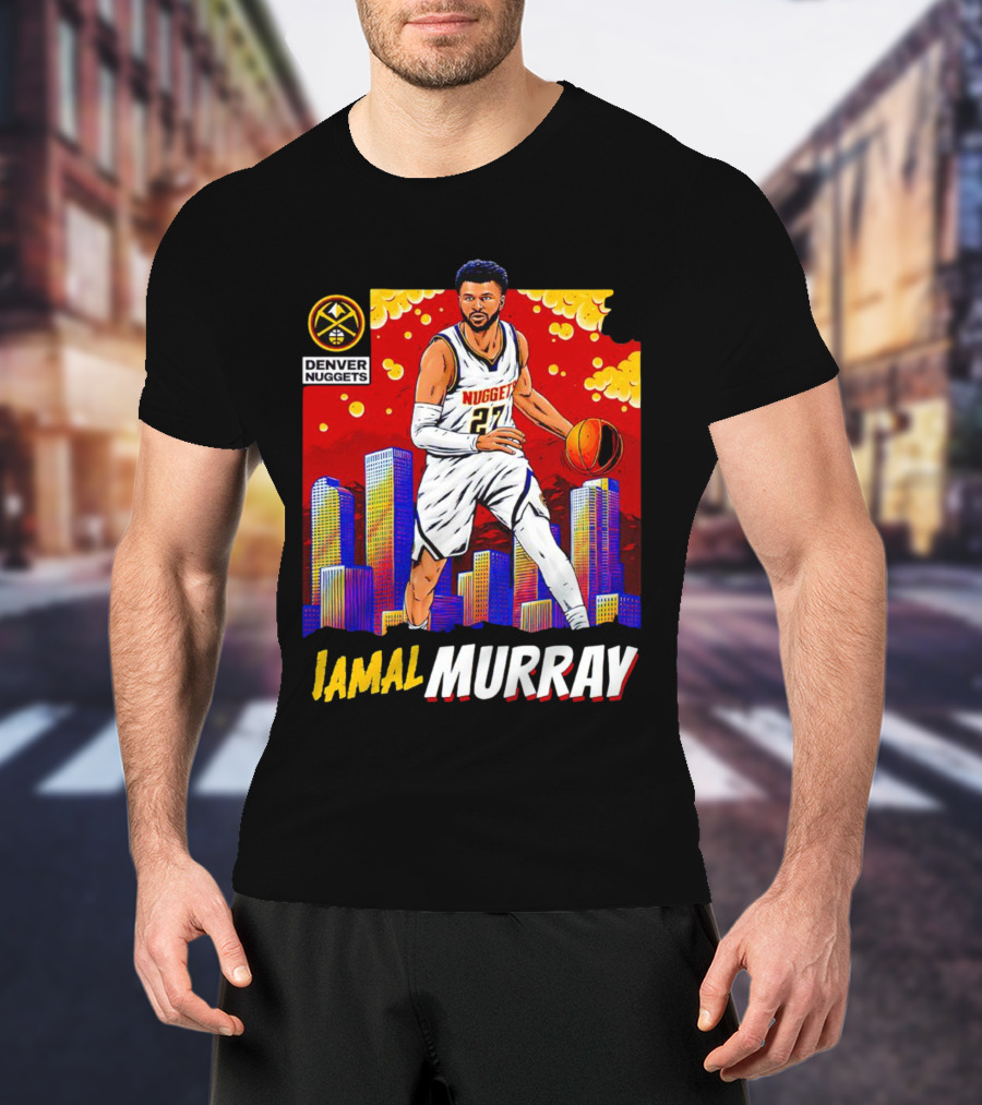 Denver Nuggets Jamal Murray Basketball Skyline Comic T-Shirt