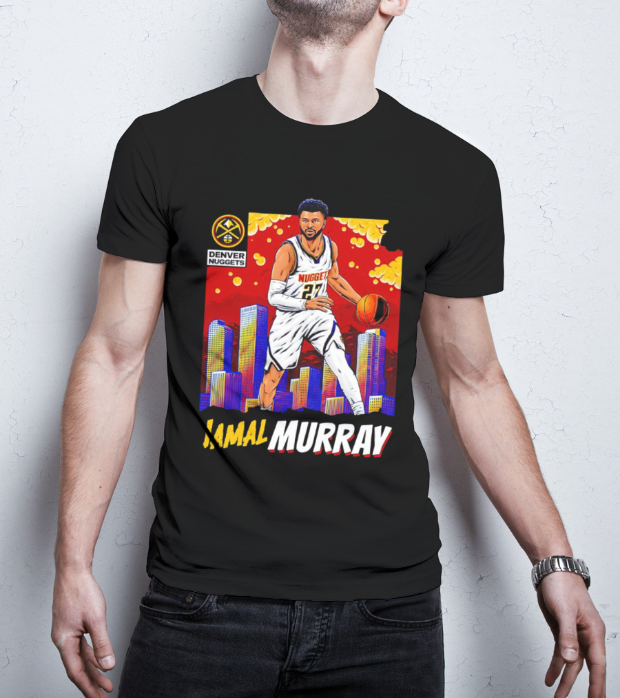 Denver Nuggets Jamal Murray Basketball Skyline Comic T-Shirt