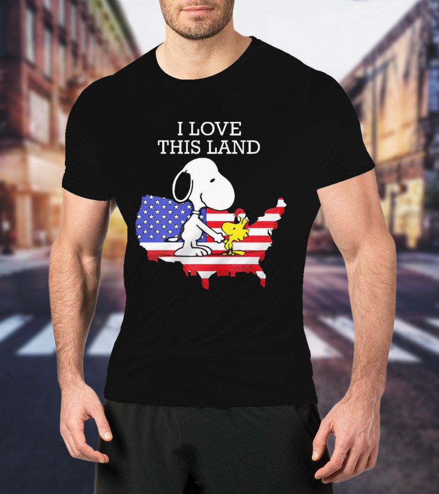 Snoopy Woodstock I Love This Land American Flag USA Map T-Shirt