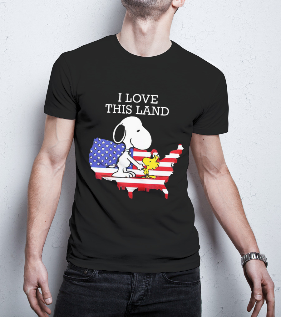 Snoopy Woodstock I Love This Land American Flag USA Map T-Shirt