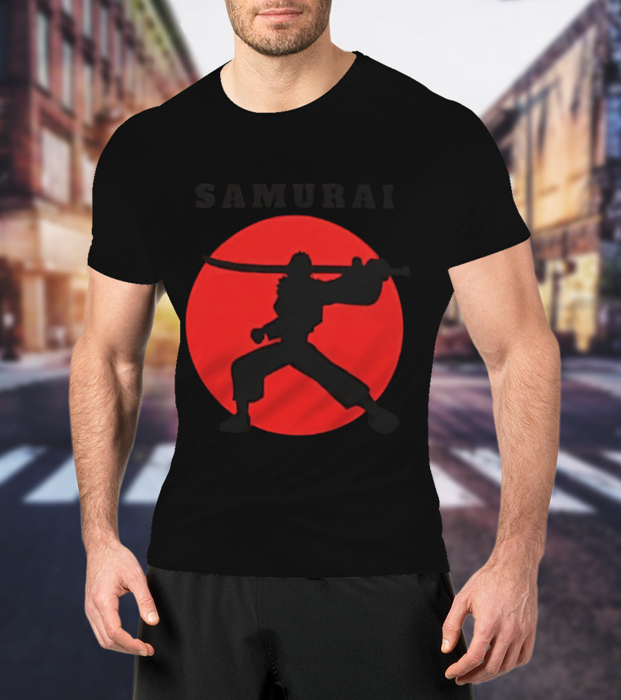 Samurai Silhouette With Red Sun Background T-Shirt