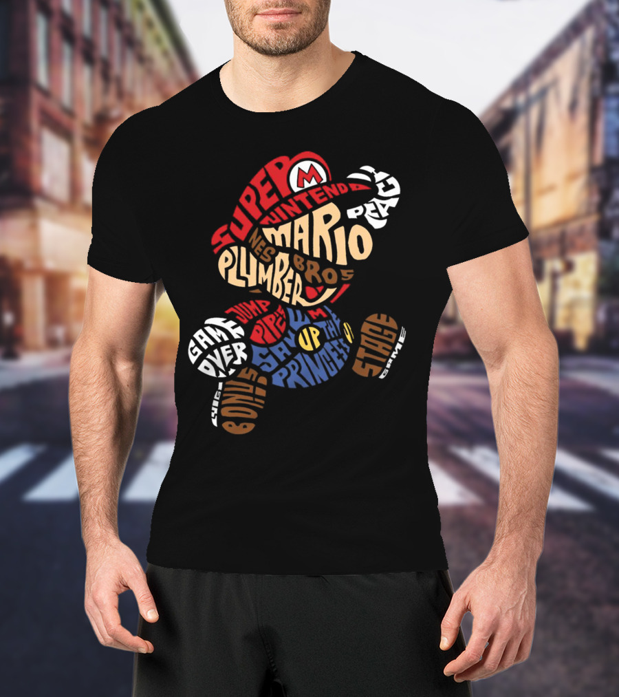 Super Nintendo Mario Bros Plumber Jump Stage Game Typography T-Shirt