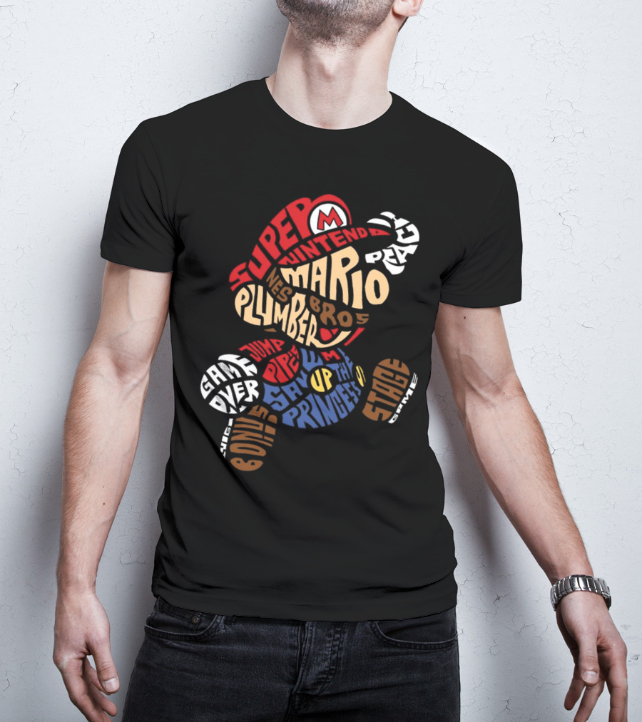 Super Nintendo Mario Bros Plumber Jump Stage Game Typography T-Shirt