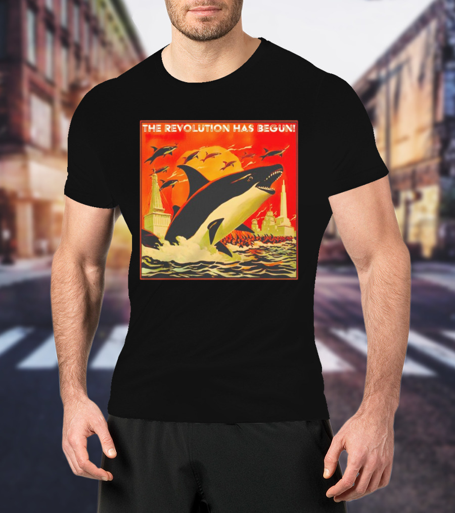 The Revolution Has Begun Orca Tower Attack With Jumping Killer Whales And Red Sky T-Shirt