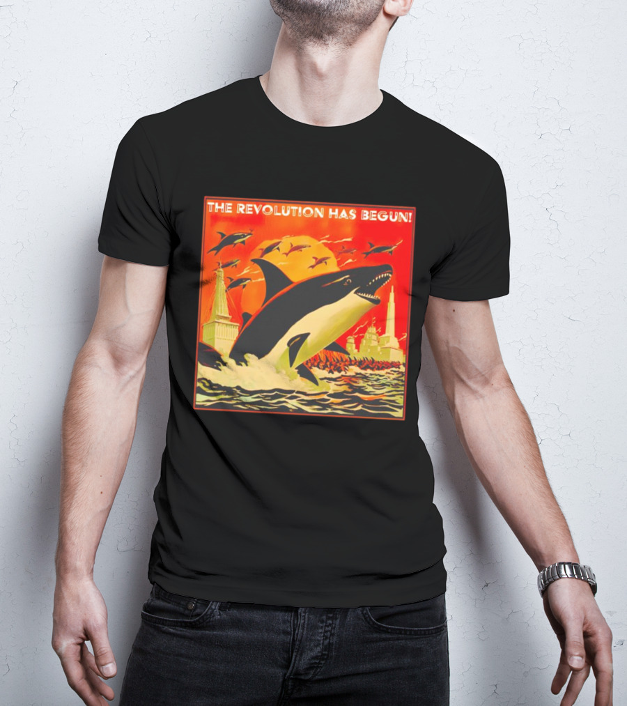 The Revolution Has Begun Orca Tower Attack With Jumping Killer Whales And Red Sky T-Shirt