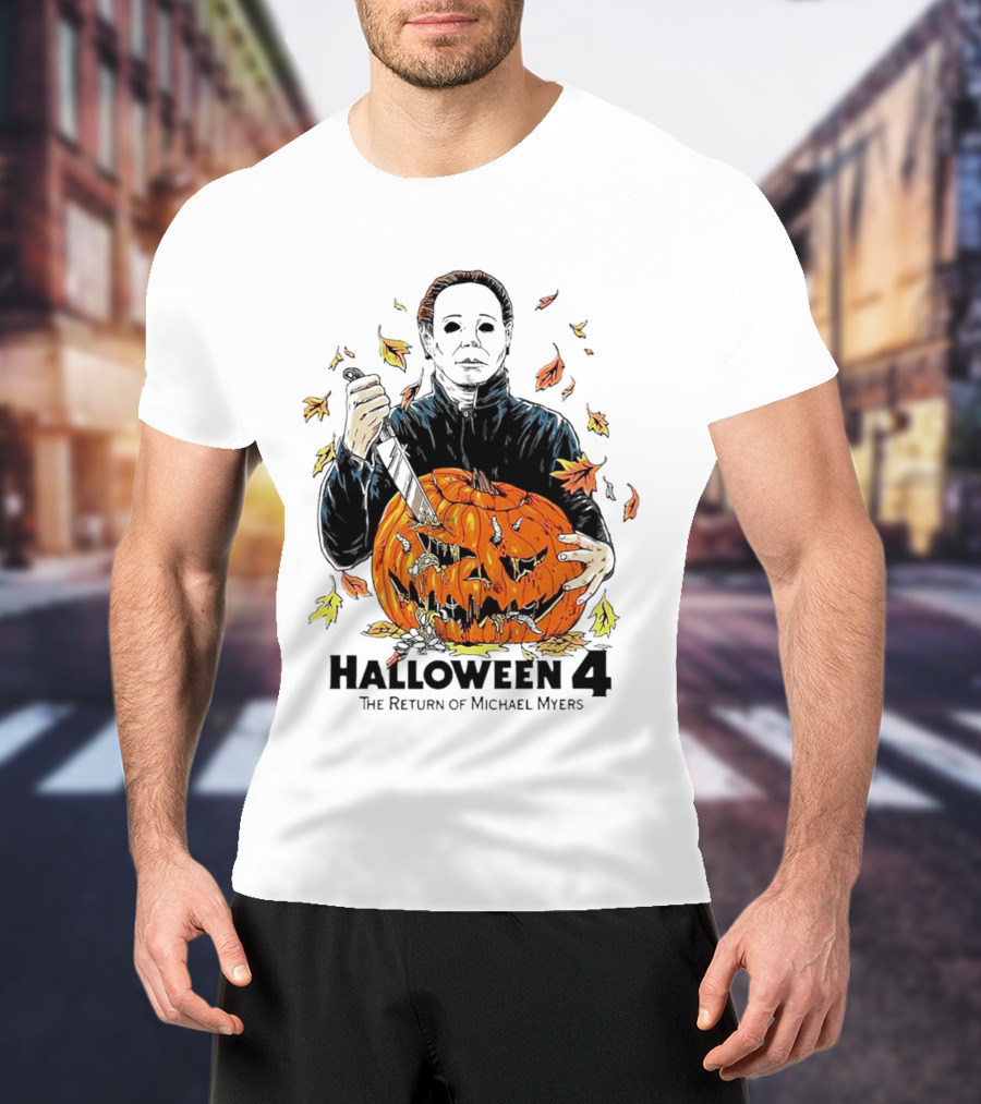 Halloween 4 The Return Of Michael Myers Knife-Wielding Michael With Carved Pumpkin And Autumn Leaves T-Shirt