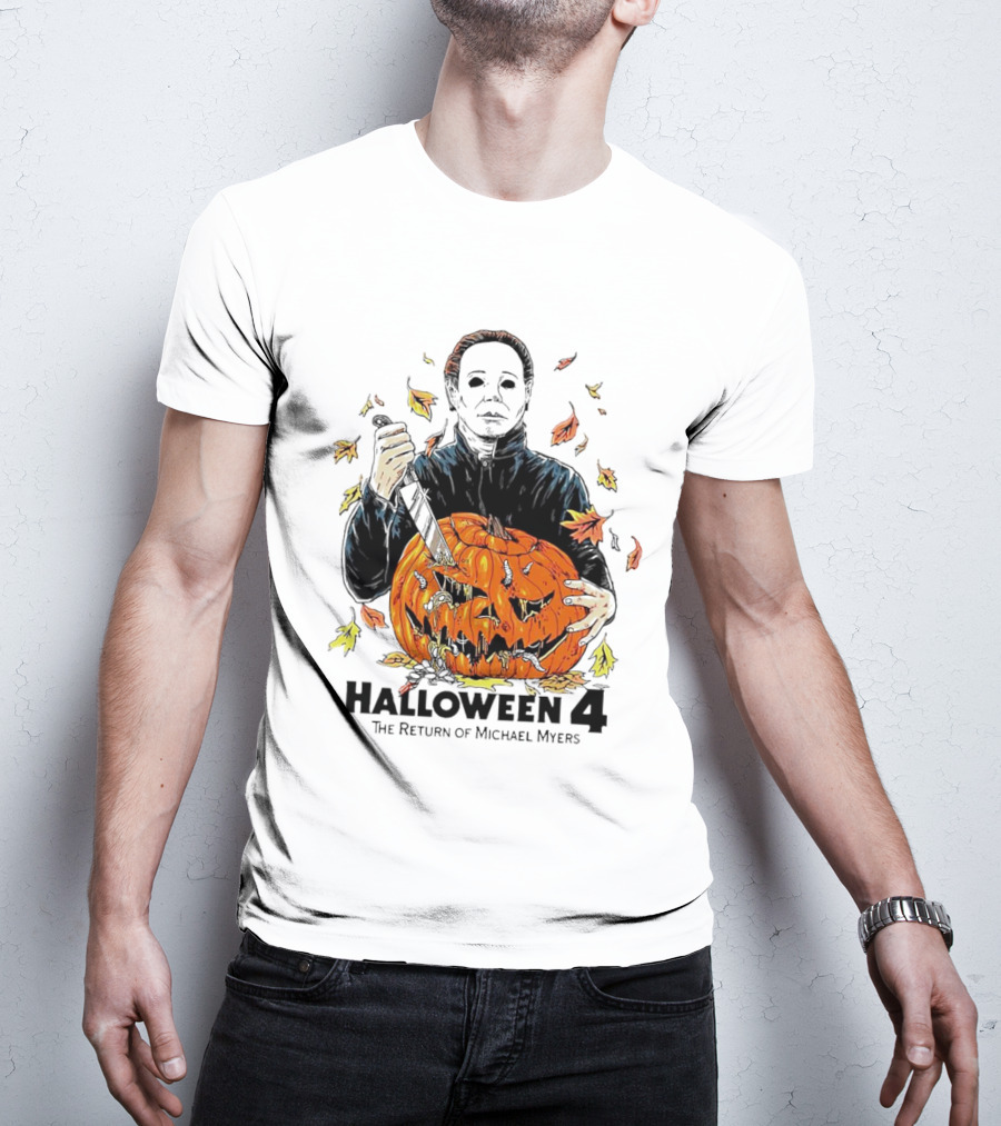 Halloween 4 The Return Of Michael Myers Knife-Wielding Michael With Carved Pumpkin And Autumn Leaves T-Shirt