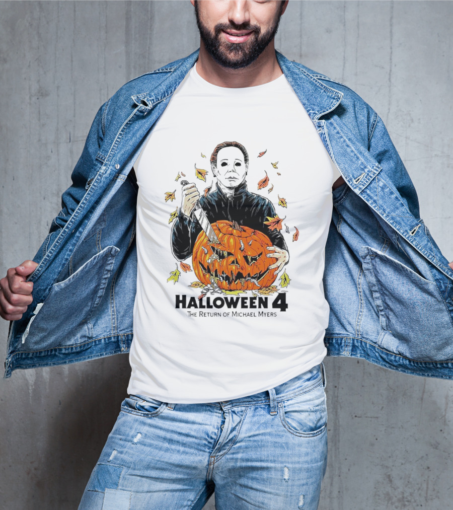 Halloween 4 The Return Of Michael Myers Knife-Wielding Michael With Carved Pumpkin And Autumn Leaves T-Shirt