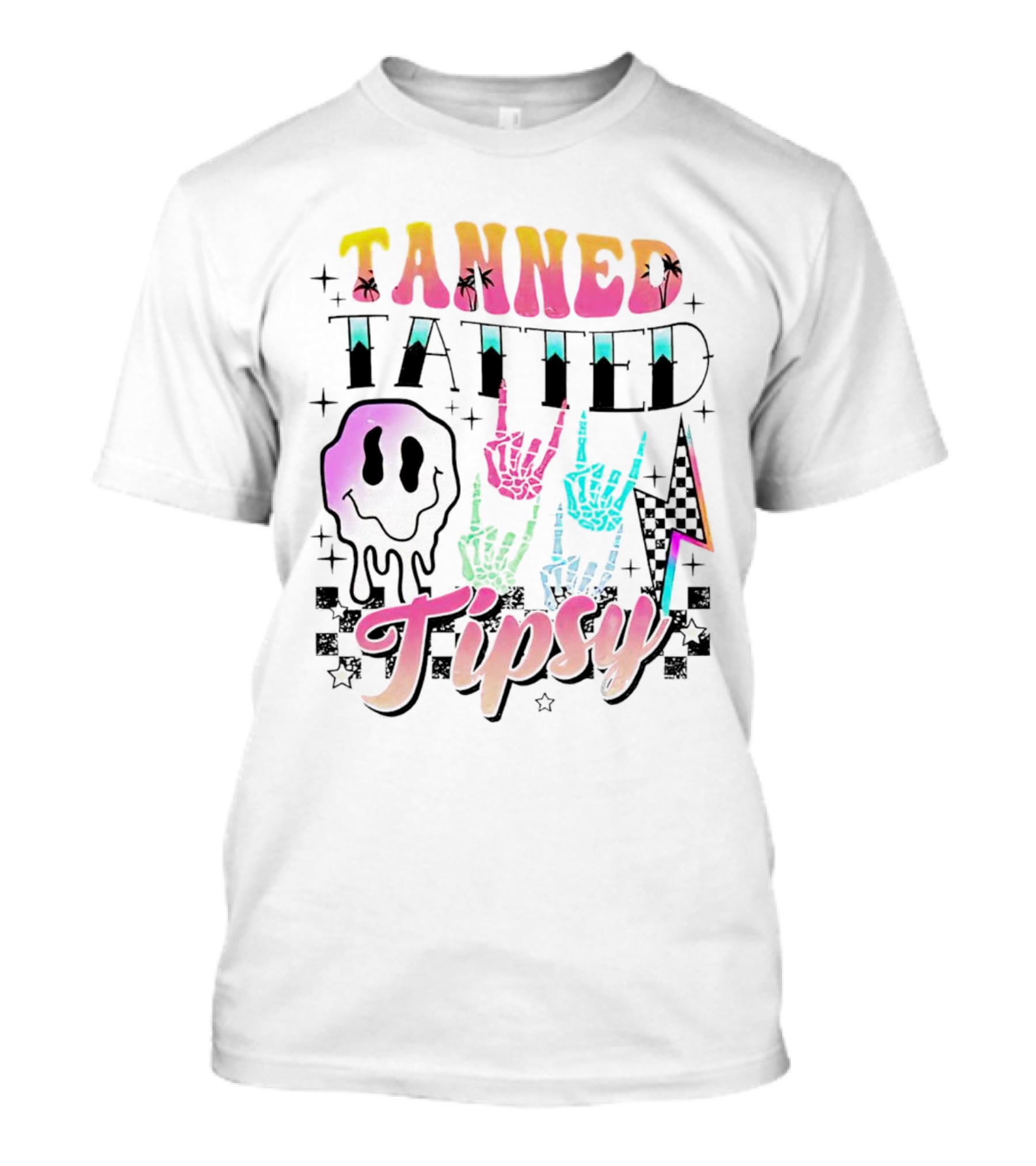 Tanned Tatted Tipsy Colorful Skeleton Hands Melting Smiley T-Shirt