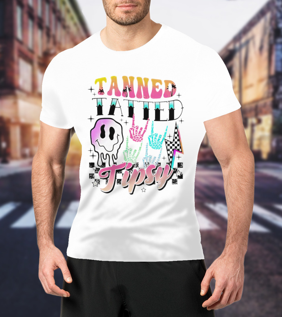 Tanned Tatted Tipsy Colorful Skeleton Hands Melting Smiley T-Shirt