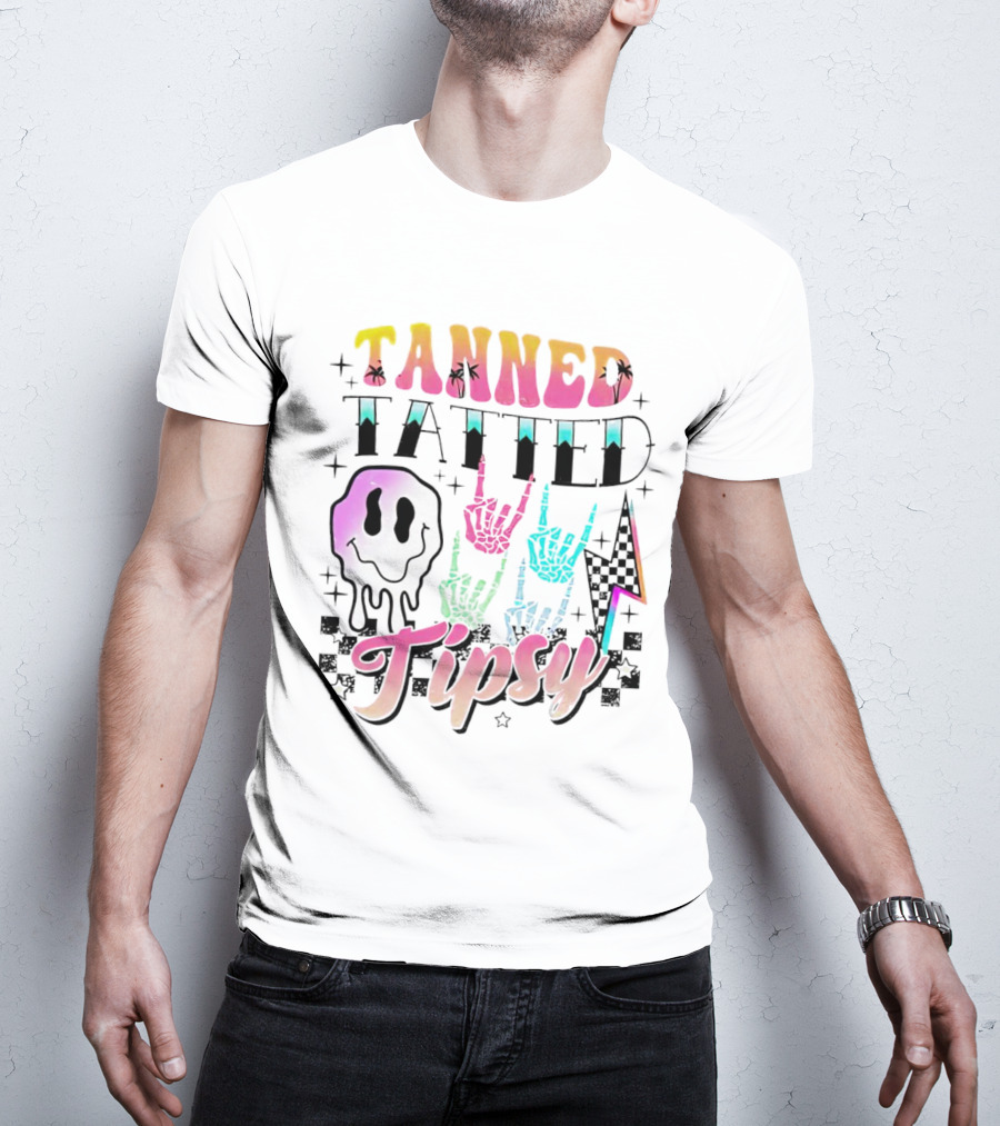 Tanned Tatted Tipsy Colorful Skeleton Hands Melting Smiley T-Shirt