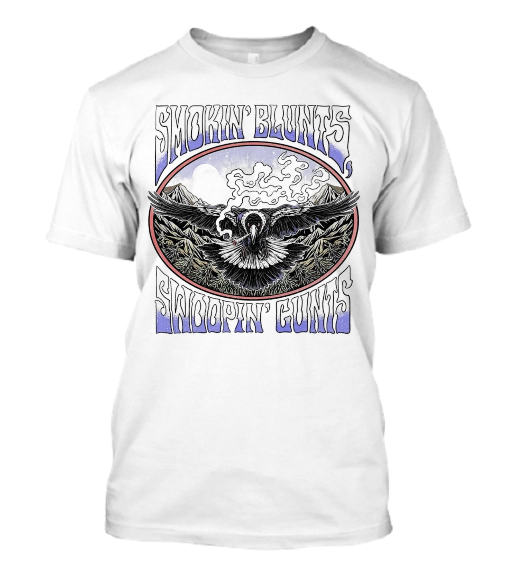 Smokin’ Blunts Swoopin’ Gunts Raven With Smoky Mountains And Clouds T-Shirt