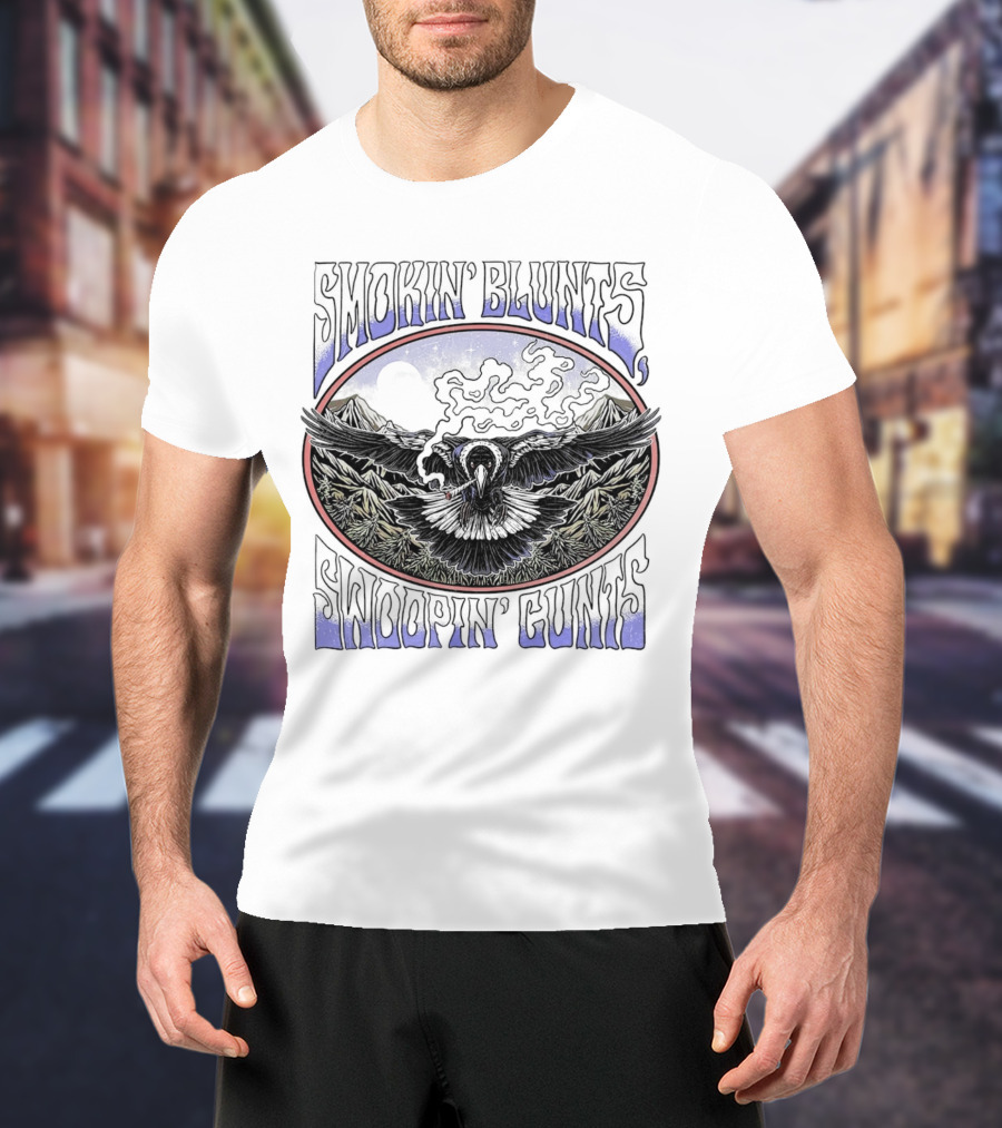 Smokin’ Blunts Swoopin’ Gunts Raven With Smoky Mountains And Clouds T-Shirt