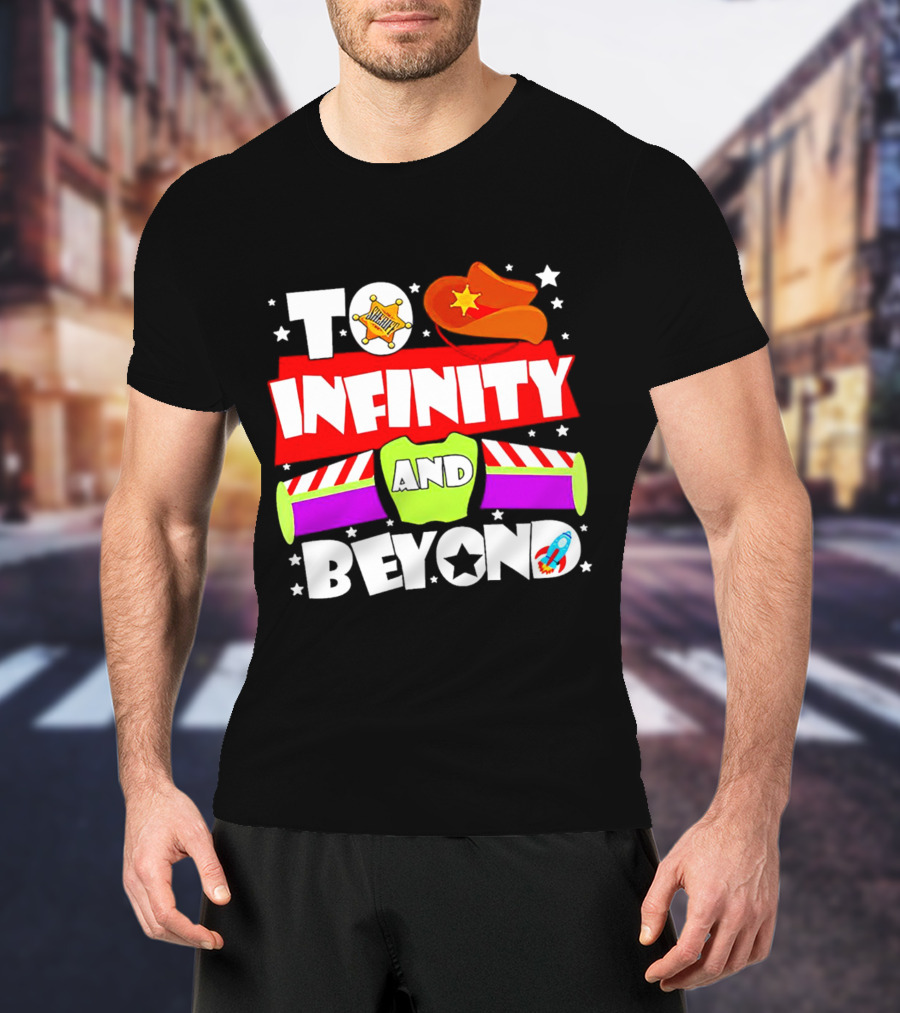 To Infinity And Beyond Toy Story Sheriff Badge Cowboy Hat Rocket T-Shirt